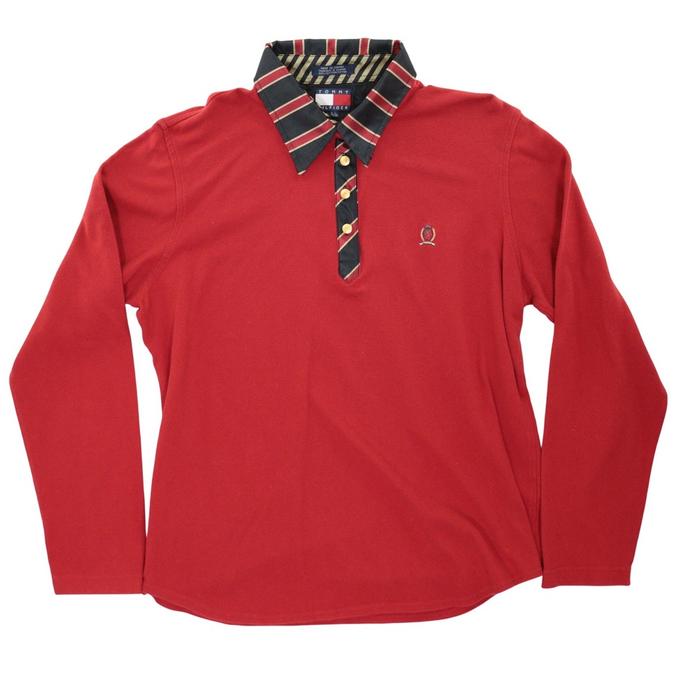 VTG Tommy Hilfiger Polo Women L Long Sleeve Striped Collar Crest Red Preppy